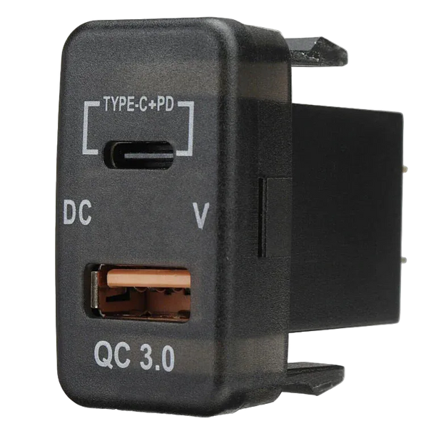 QC3.0 USB + Type‑C Charger with Voltmeter (40x20mm) – Toyota Vigo | Blue LED