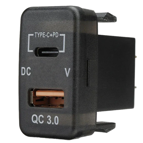 QC3.0 USB + Type‑C Charger with Voltmeter (40x20mm) – Toyota Vigo | Blue LED