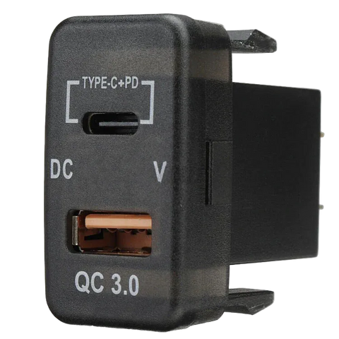 QC3.0 USB + Type‑C Charger with Voltmeter (40x20mm) – Toyota Vigo | Blue LED