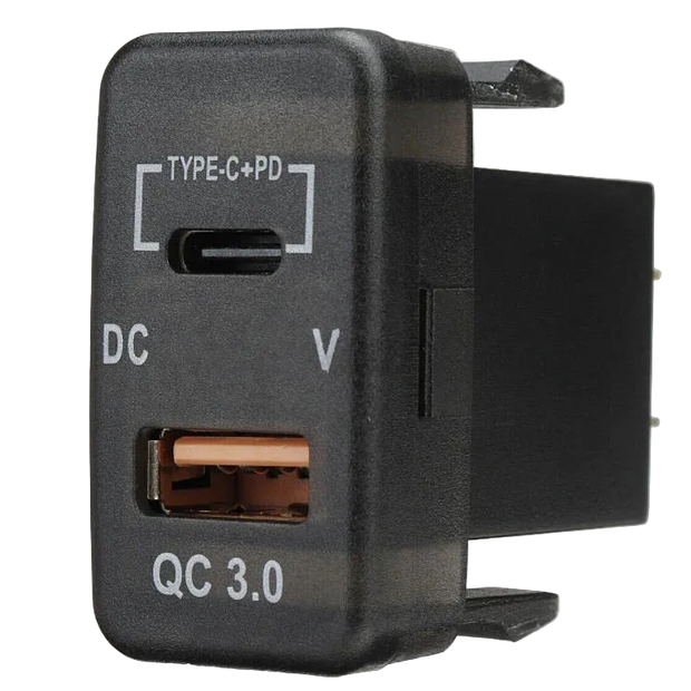 QC3.0 USB + Type‑C Charger with Voltmeter (40x20mm) – Toyota Vigo | Blue LED