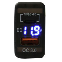 QC3.0 USB + Type‑C Charger with Voltmeter (40x20mm) – Toyota Vigo | Blue LED
