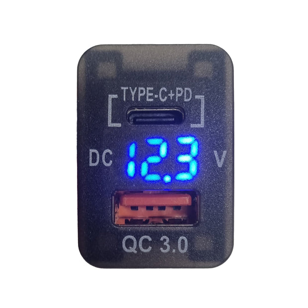 QC3.0 USB + Type‑C PD Charger with Voltmeter (32x20mm) – Toyota Hilux REVO | Blue LED