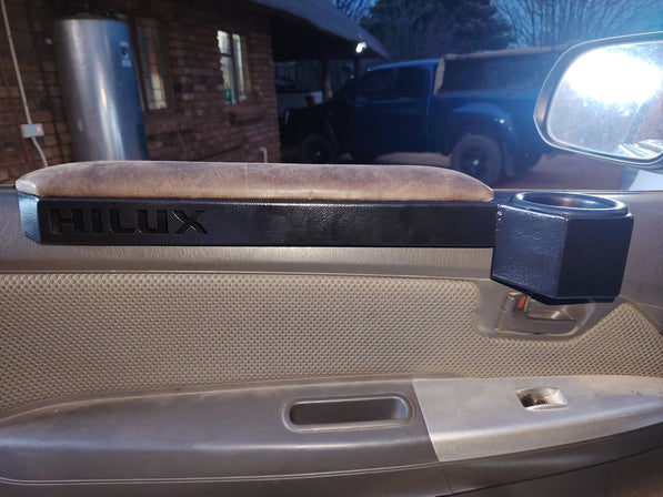 Custom Toyota Hilux Armrest – Steel with Integrated Cup Holder (2006–Current)