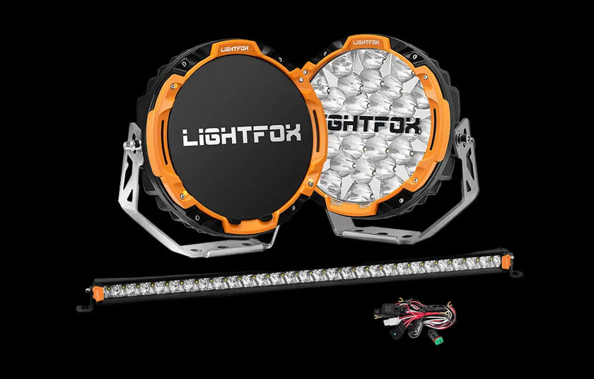 LightFox OSRAM 9" LED Driving Lights + 28" Single Row LED Light Bar (Wiring Kit)