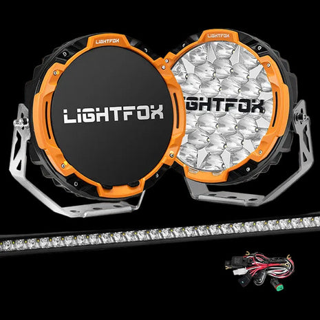 LightFox OSRAM 9" LED Driving Lights + 28" Single Row LED Light Bar (Wiring Kit)