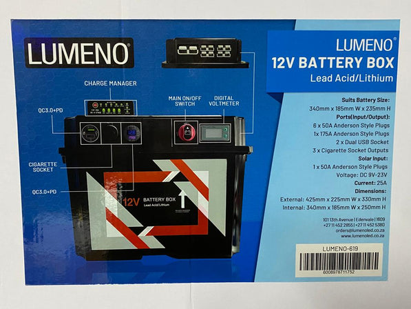 Lumeno 12V Battery Box with DC Charger – Smart Dual Battery System with Anderson Plugs, USB & Charge Manager