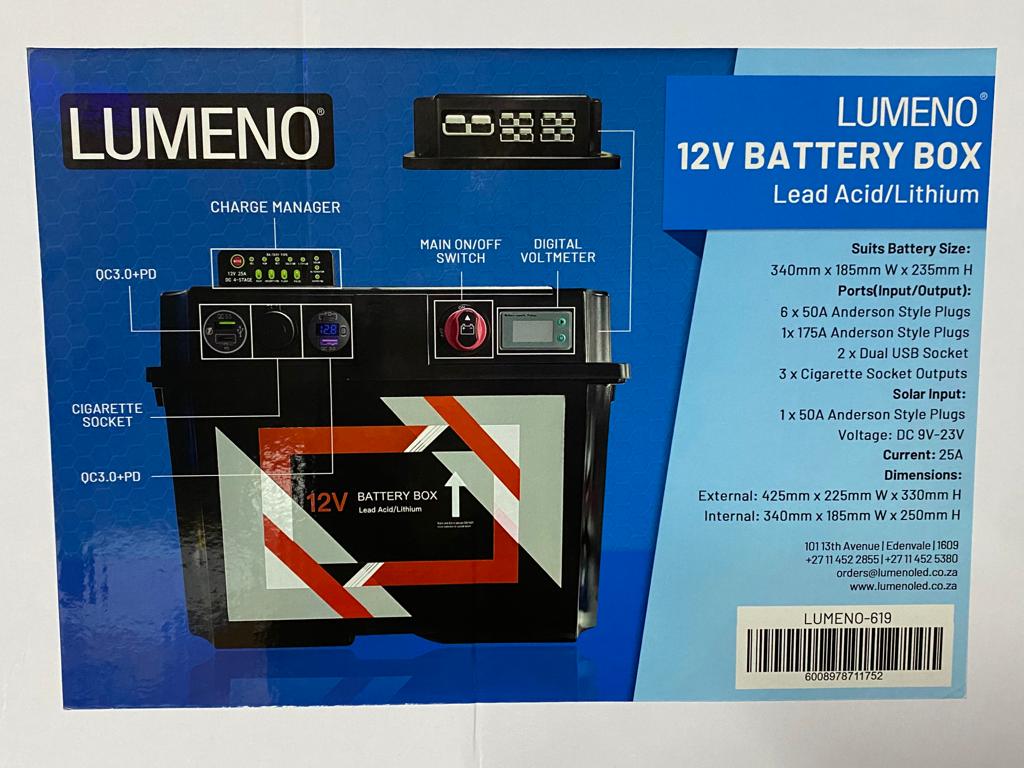 Lumeno 12V Battery Box with DC Charger – Smart Dual Battery System with Anderson Plugs, USB & Charge Manager