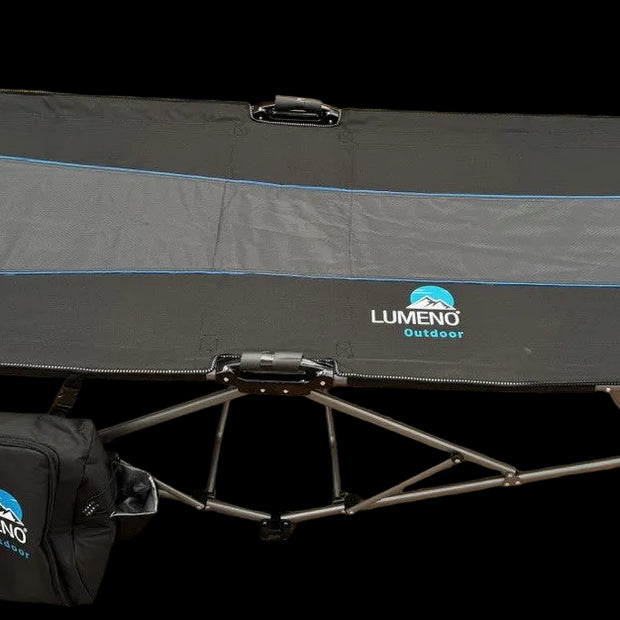 Lumeno Camping Stretcher Bed – Heavy Duty Folding Camp Bed with Carry Bag