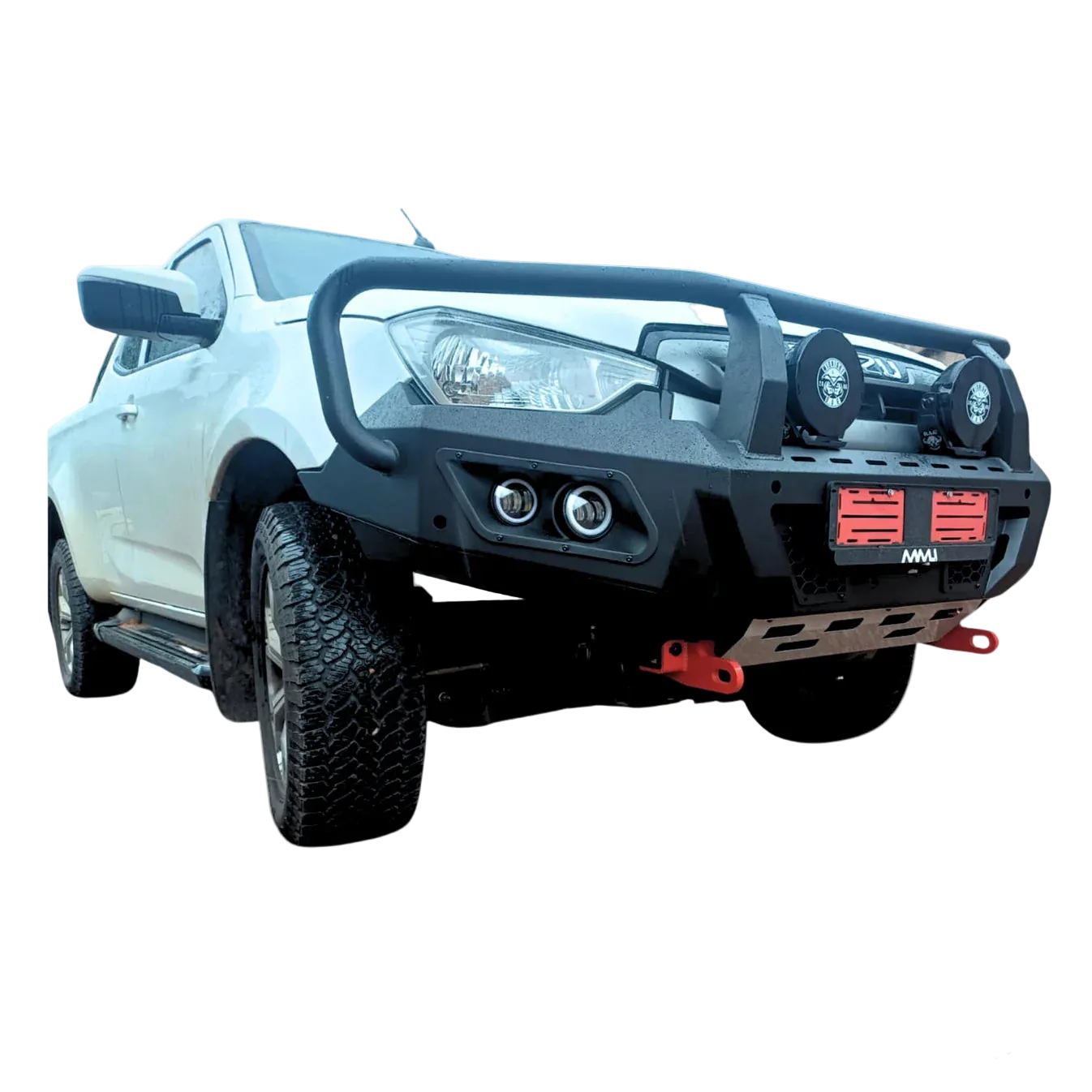 White truck with a black front bumper on a white background, featuring the D.A.G. Outdoor logo.