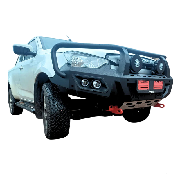 White truck with a black front bumper on a white background, featuring the D.A.G. Outdoor logo.